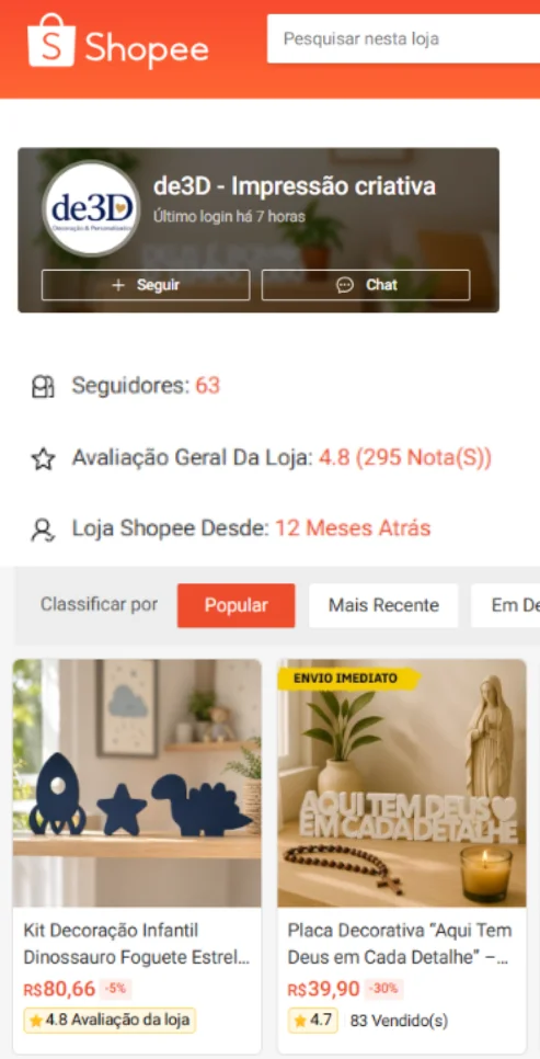 Loja de3D Impressão Criativa na Shopee