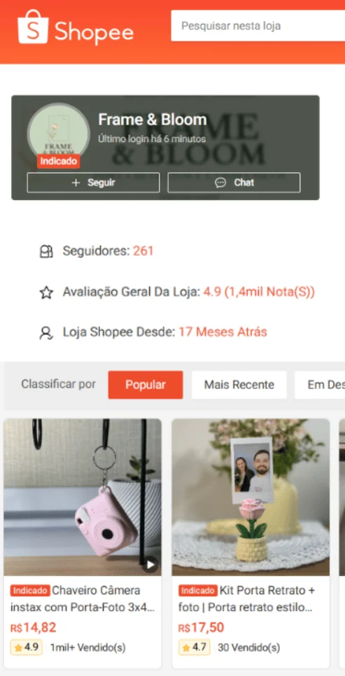 Loja Frame & Bloom na Shopee