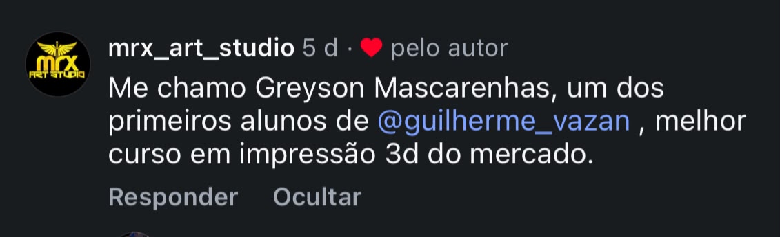 Aluno recomenda o curso de impressão 3D de Guilherme Vazan