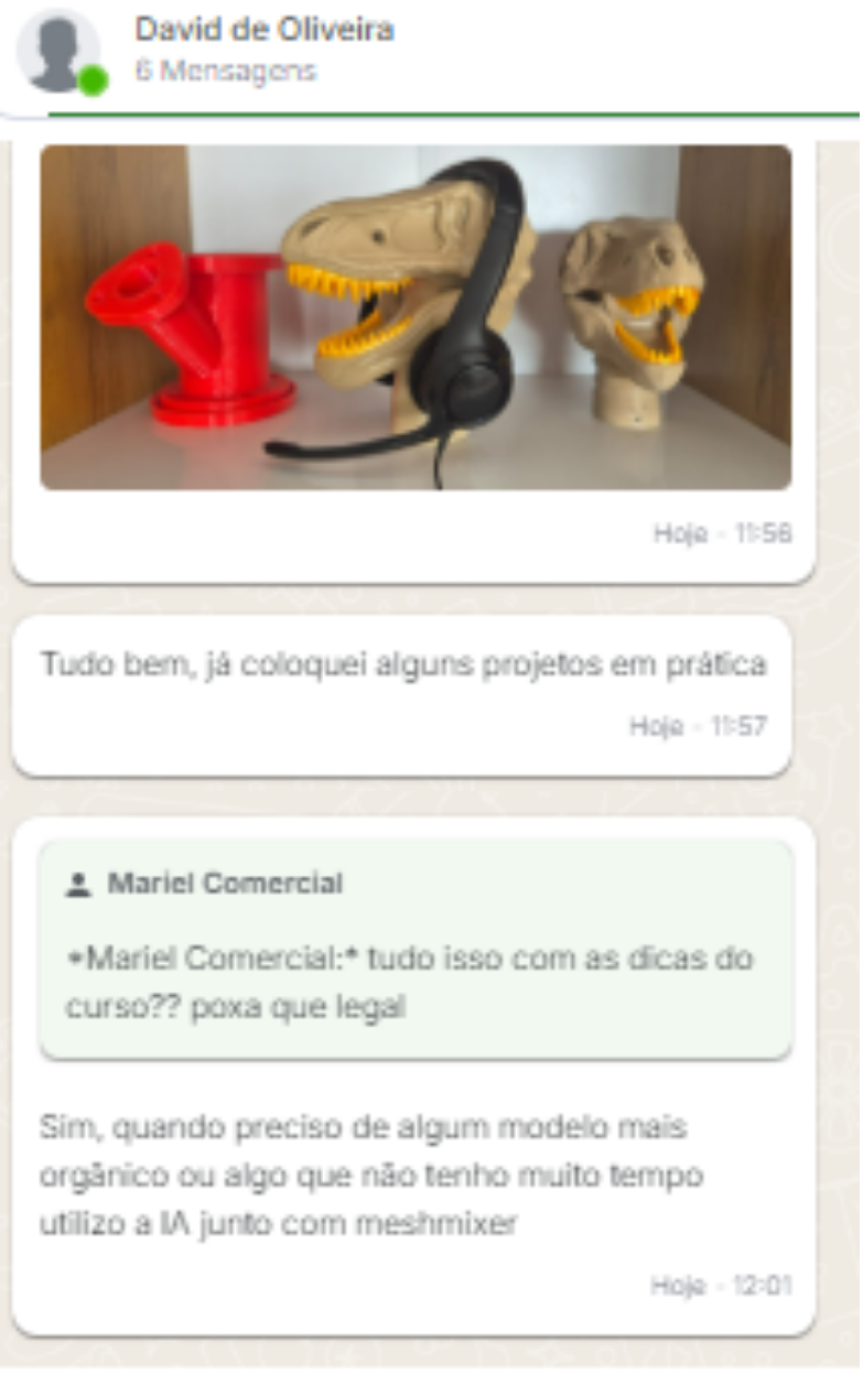 Depoimento de aluno mostrando projetos já impressos